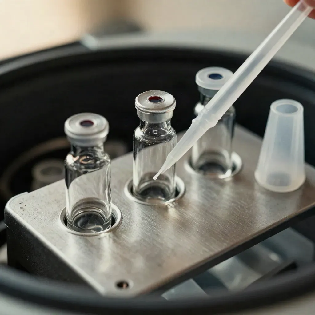 Top-down macro of a centrifuge rack, glass vials, and pipette tips on brushed metal.