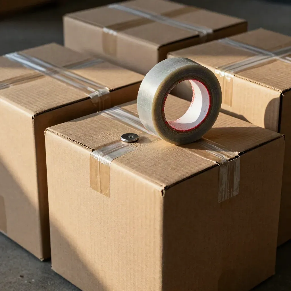 Kraft parcel cartons, corner protectors, tape roll and metal crimp on pale concrete.