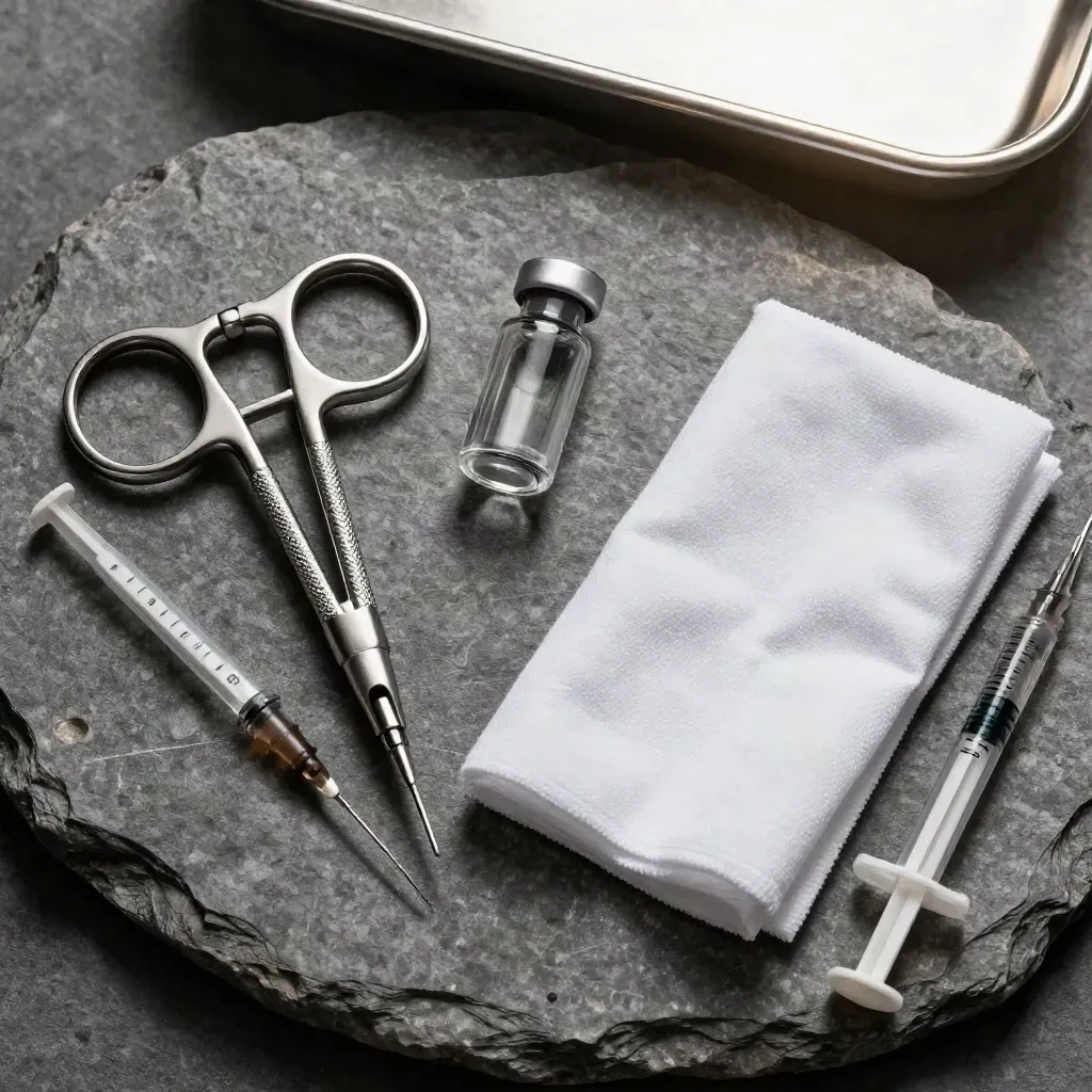 Overhead medical still life of instruments, vial, drape and syringe on cool stone.