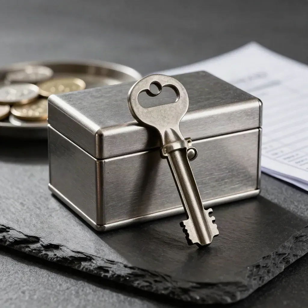 Steel key and lockbox still life on slate with tray and blotter