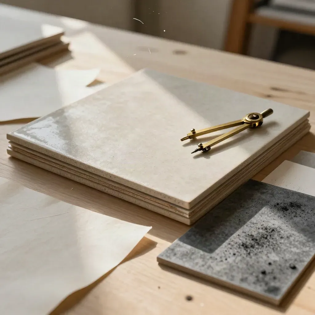 Overhead design samples on pale wood: ceramic tiles, tracing paper, brass compass and graphite swatches.