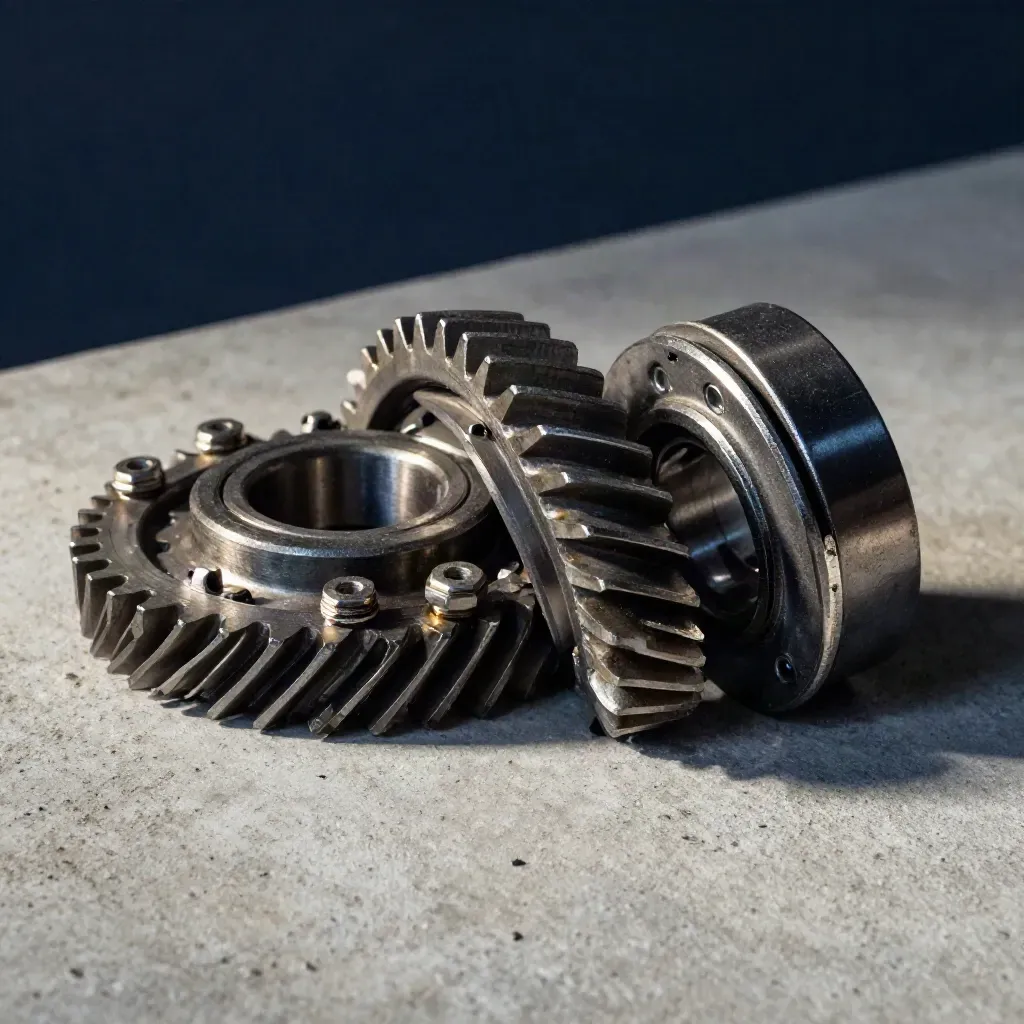 Gear cluster, bolts, bearing race and steel plate on concrete in dramatic workshop light.