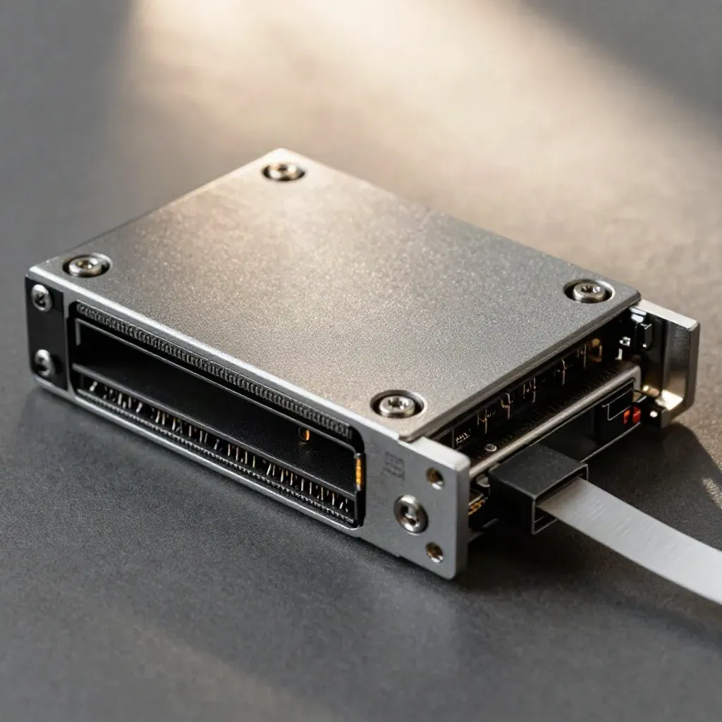 Macro of an SSD caddy with two drives and a fibre patch lead on graphite felt.