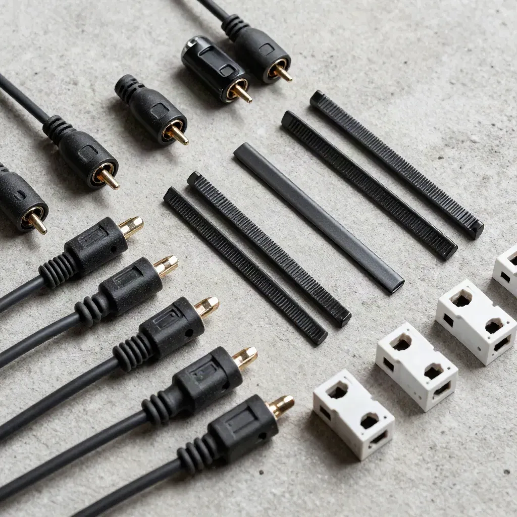 Top-down still life of network test gear: loopback plugs, patch leads and keystone modules on concrete.
