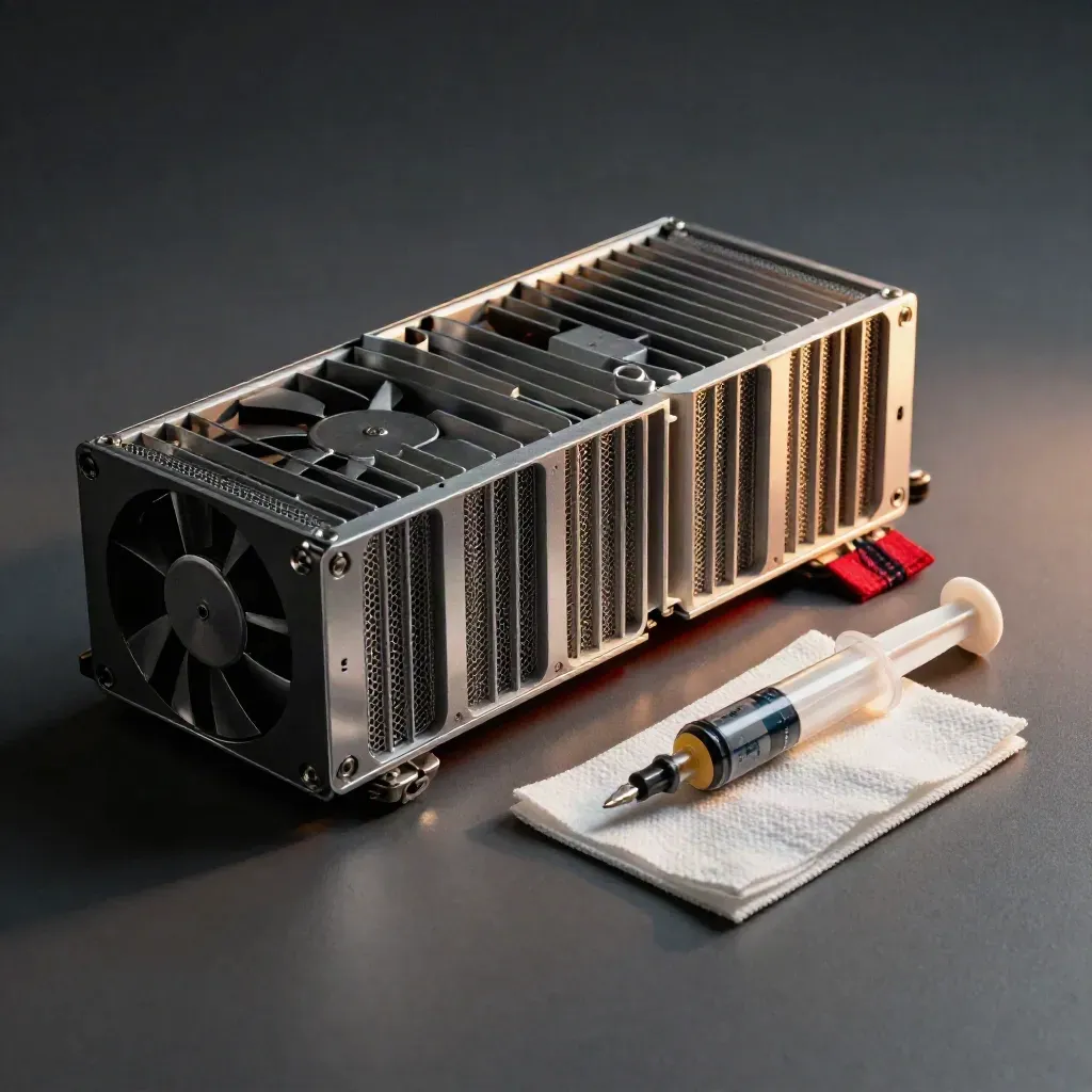 Server fan module, heat sink fins, thermal paste syringe and wipe on brushed metal.