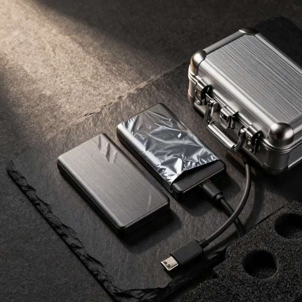 Top-down still life of SSDs, anti-static sleeves and a lockable case on dark slate.