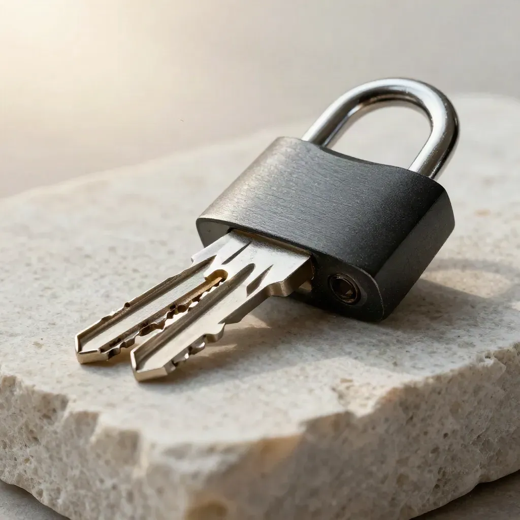 Padlock, security key, and seal clips on pale stone in a tight macro close-up.
