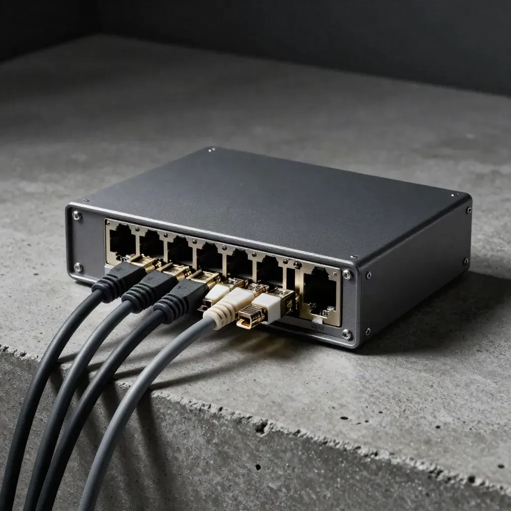 Network appliance, ethernet leads and fibre couplers on concrete in dramatic studio light.
