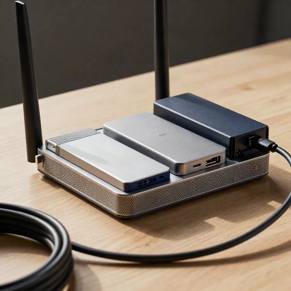 Mesh router, SSD, power brick and backup drives on pale wood, seen through a blurred cable coil.