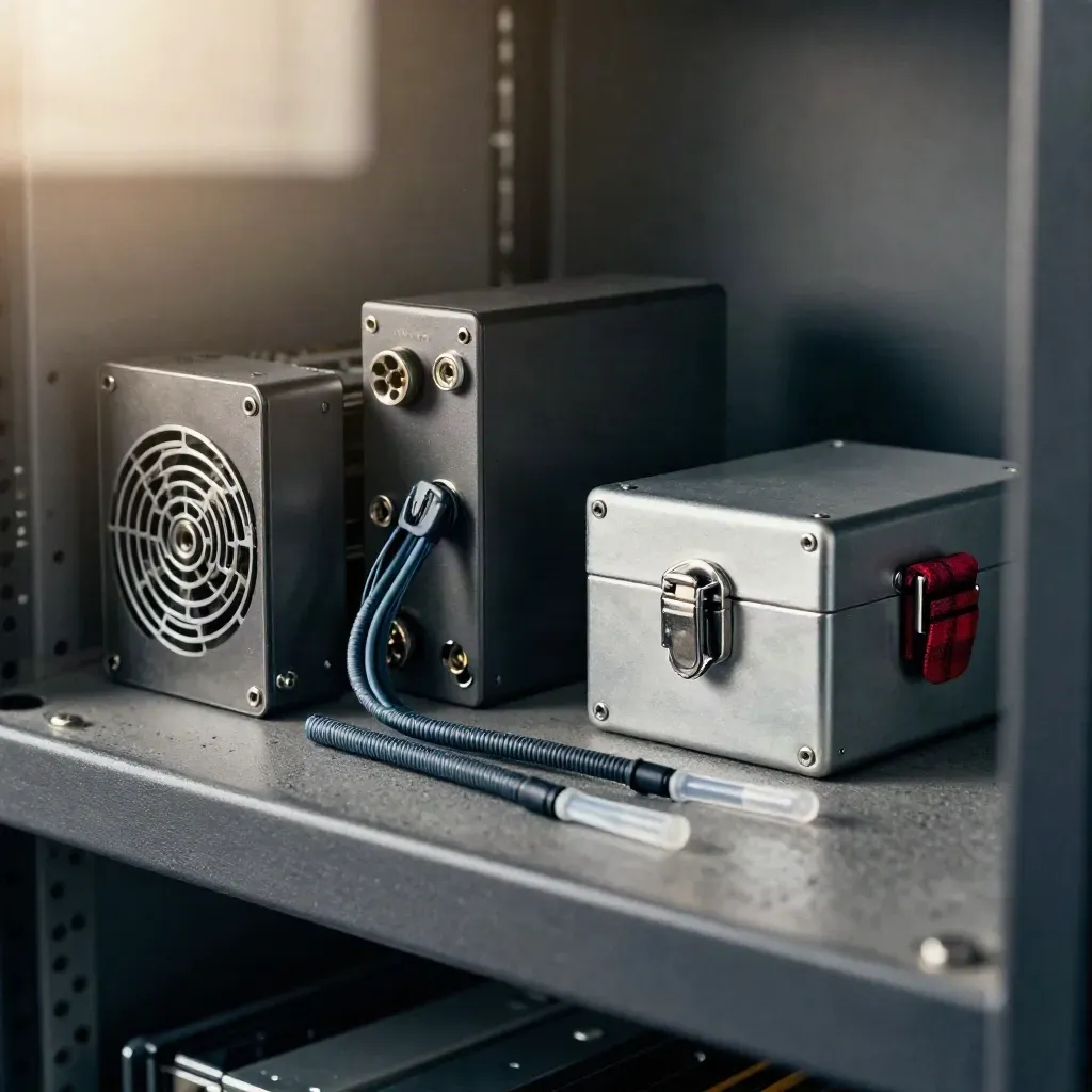 Rack hardware, spare PSU, fibre pigtails and lockbox on concrete, seen through frosted glass