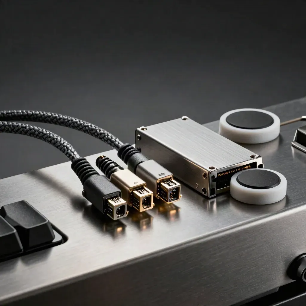 Rack rail still life with cable, SFP modules, drive caddy and calibration puck on brushed steel.