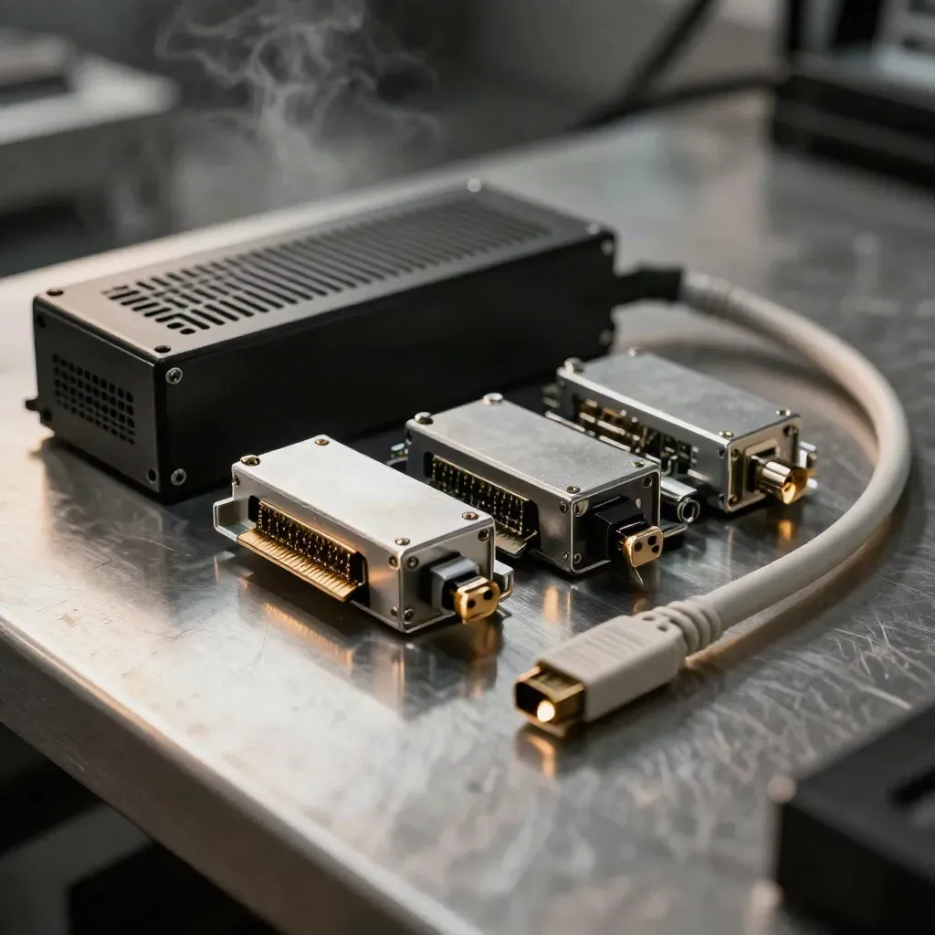 SFP modules, spare power supply and fibre patch lead on brushed metal with dark bokeh.