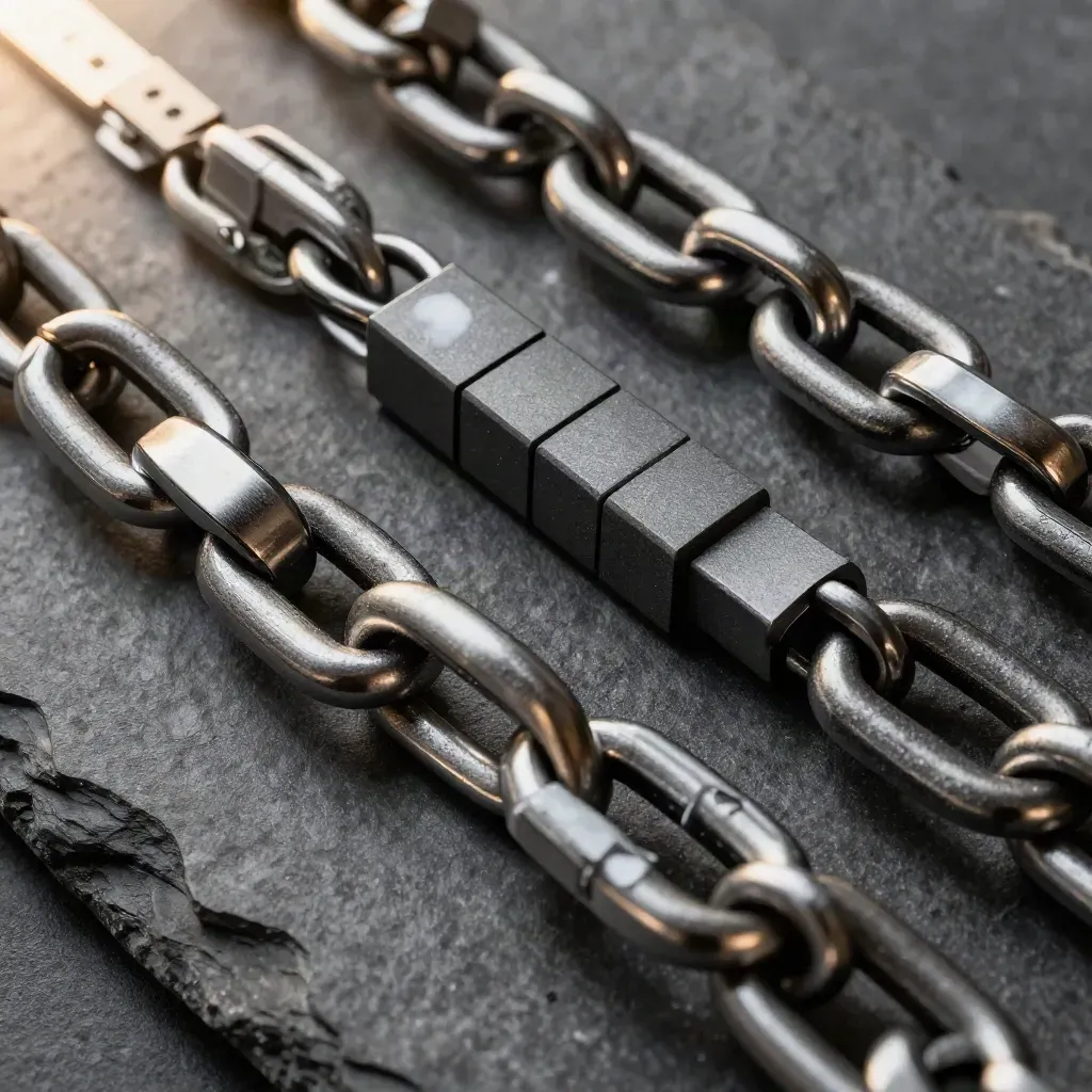 Machined links, metal rings, and modular blocks chained on graphite stone in top-down macro.