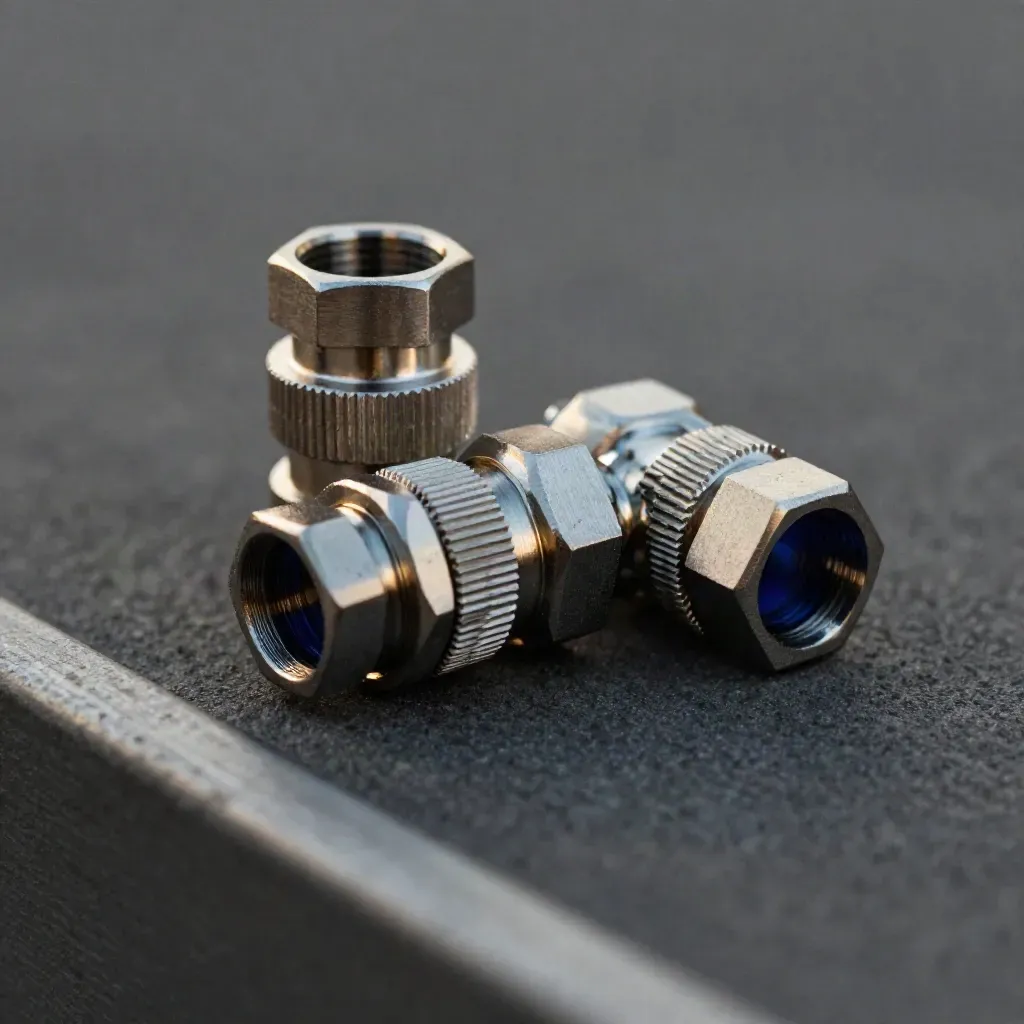 Precision connectors and hex couplers on brushed aluminium, one just seated, dramatic studio lighting