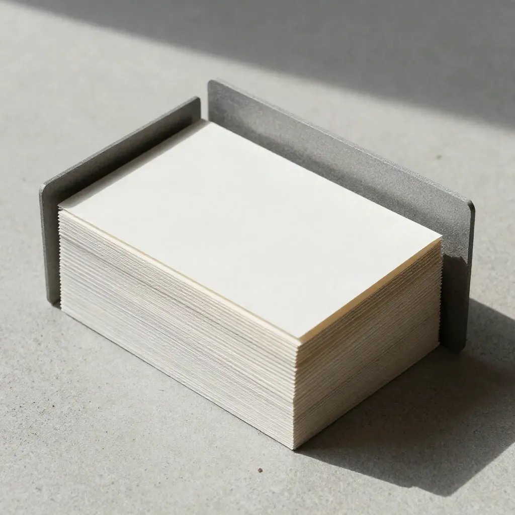 Overhead flatlay of layered off-white sample cards, paper stack, and concrete block on pale concrete.