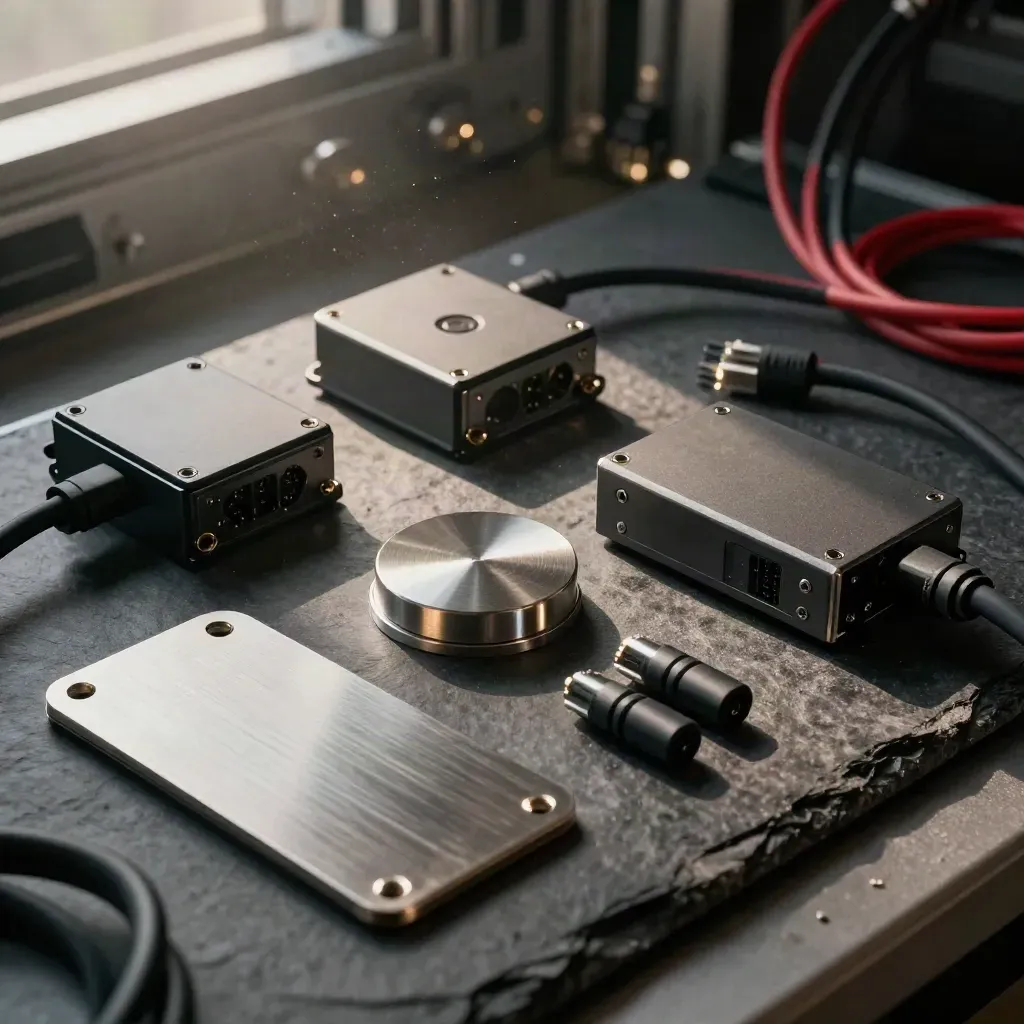 Cloud monitoring hardware on dark slate with cable loops, calibration puck and inspection plate.