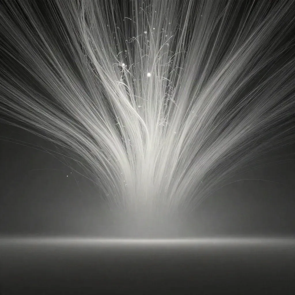 Silver filaments converge into a soft white bloom in dark graphite haze.